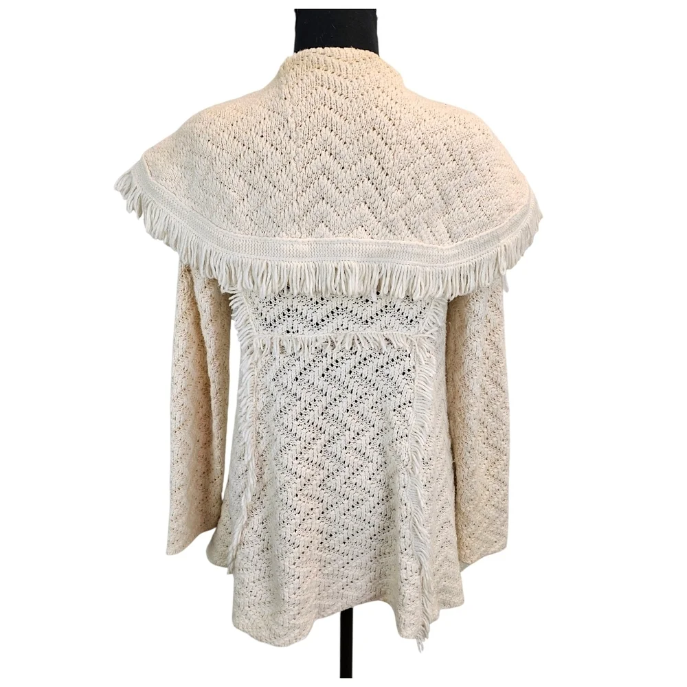 Angel of the North Fringe Cardigan Ivory Knit Boho Chevron Open Front Sweater M